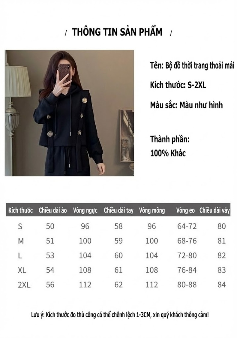 Bộ Đồ Thể Thao Nữ Thu Đông Áo Hoodie Có Mũ Và Chân Váy Dáng Ôm Màu Đen chi tiết 1