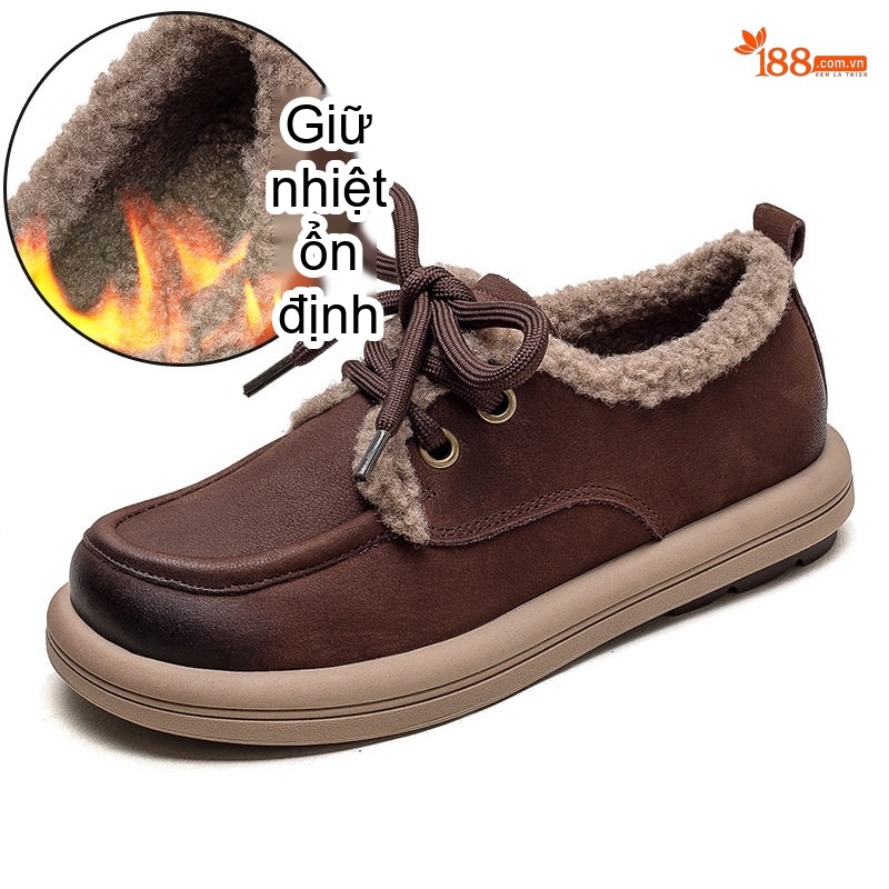 Giày Cotton Nữ Buộc Dây Lót Lông Chiều Cao Đế Khoảng 3cm Màu Nâu, Vàng