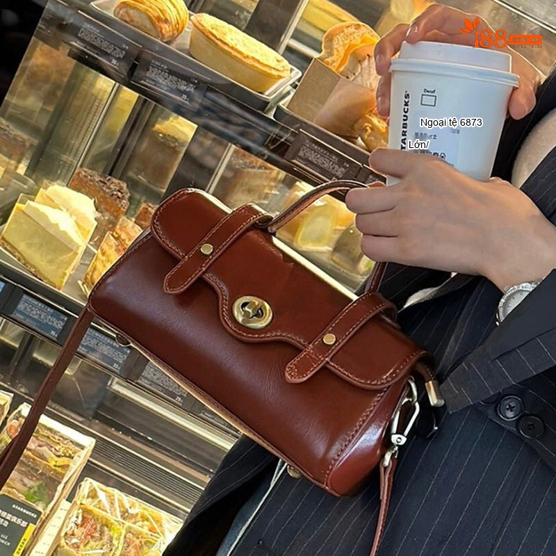 Túi Đeo Chéo Nữ Da Bò Mini Cầm Tay Retro Màu Nâu, Kem