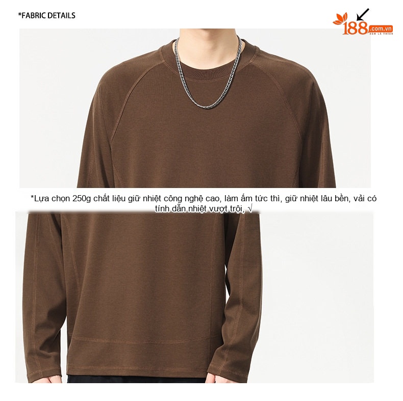 Áo Thun Tay Dài Nam Cổ Tròn Dáng Rộng Cotton Màu Nâu, Xám chi tiết 4