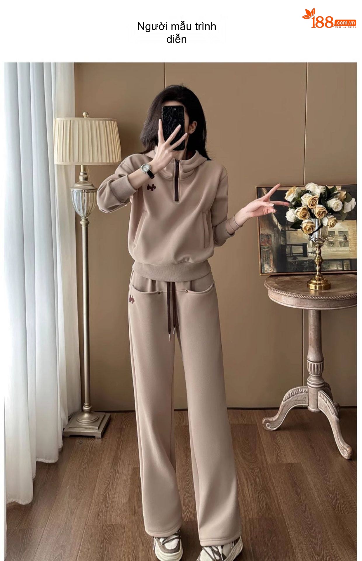 Bộ Đồ Thu Đông Nữ Áo Hoodie Quần Ống Rộng Phong Cách Hàn Quốc Màu Nâu, Be chi tiết 9