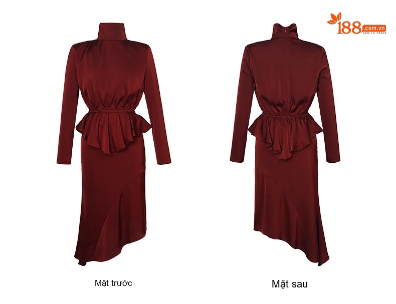 Set Áo Nữ Cổ Lọ Tay Dài Bèo Nhún Eo Và Chân Váy Bất Đối Xứng Thanh Lịch Màu Đen, Đỏ chi tiết 7