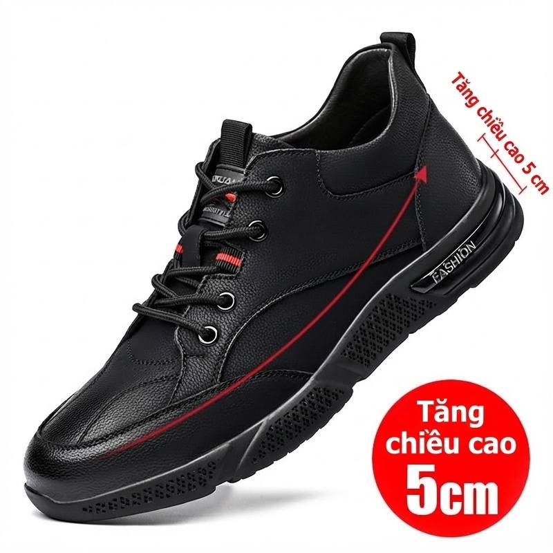 Giày Thể Thao Nam Da Bóng Chiều Cao Đế 5cm Màu Trắng, Đen