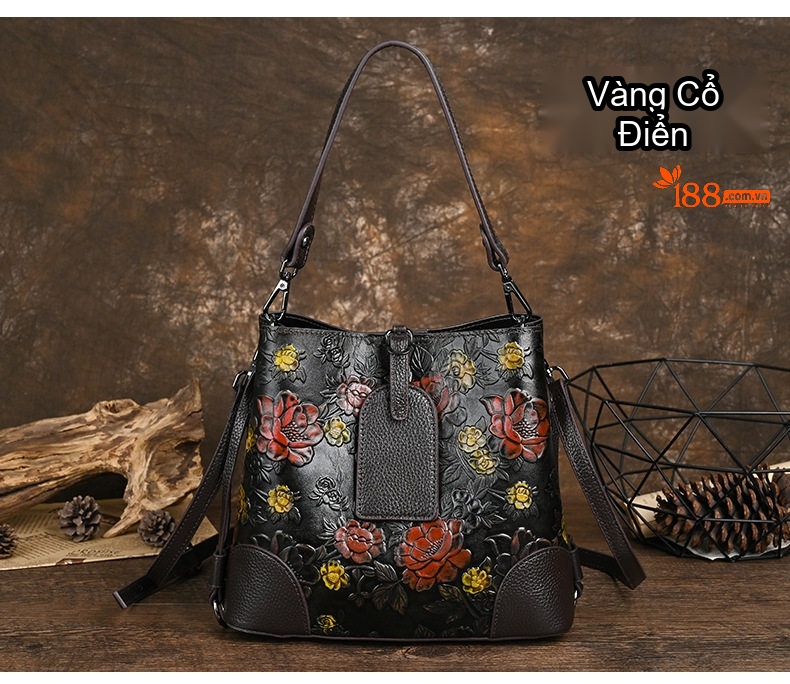 Túi Đeo Vai/Đeo Chéo Nữ Da Bò Thật Thiết Kế Vintage Nhiều Ngăn Màu Xám, Đen, Xanh Dương, Hồng chi tiết 8