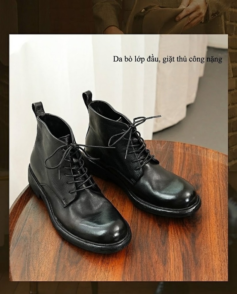Giày Boot Nam Da Thật Cổ Ngắn Oxford Chiều Cao Đế Khoảng 3cm Màu Đen chi tiết 2
