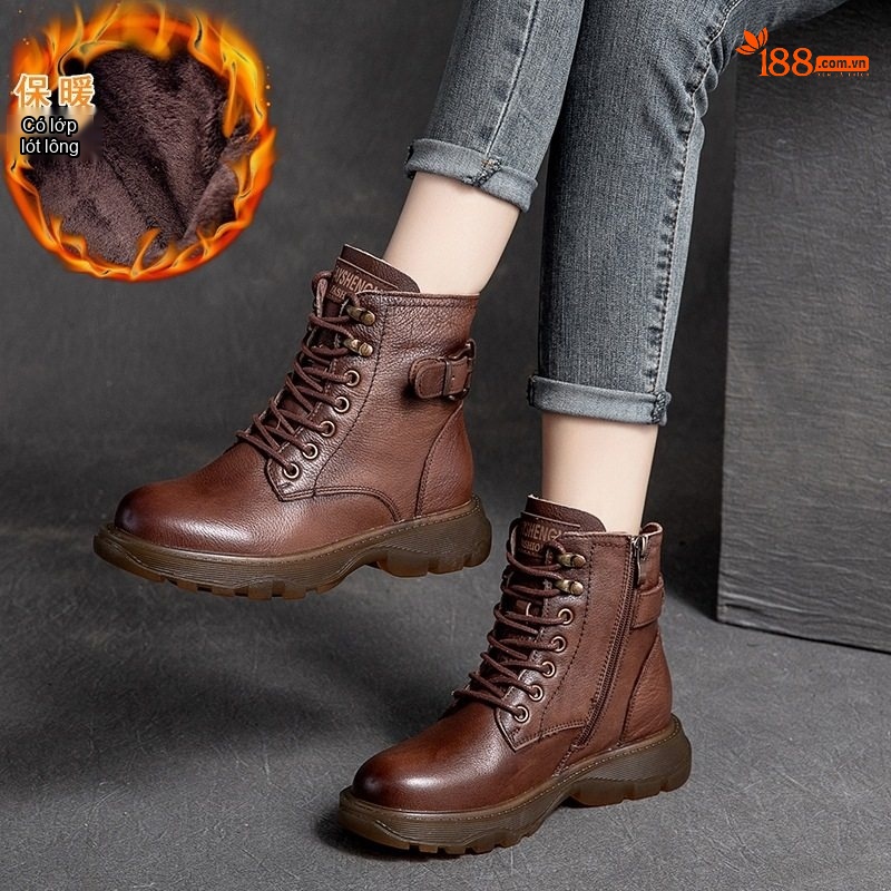 Boot Martin Nữ Da Bò Cổ Thấp Buộc Dây Chiều Cao Đế Khoảng 3.5cm Màu Đen, Nâu