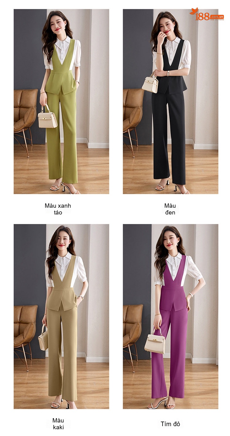 Set Bộ Quần Dài Áo Sơ Mi Tay Lỡ Kèm Áo Gile Nữ Phong Cách Tối Giản Thanh Lịch Màu Be, Đen, Xanh Lá, Tím... chi tiết 15