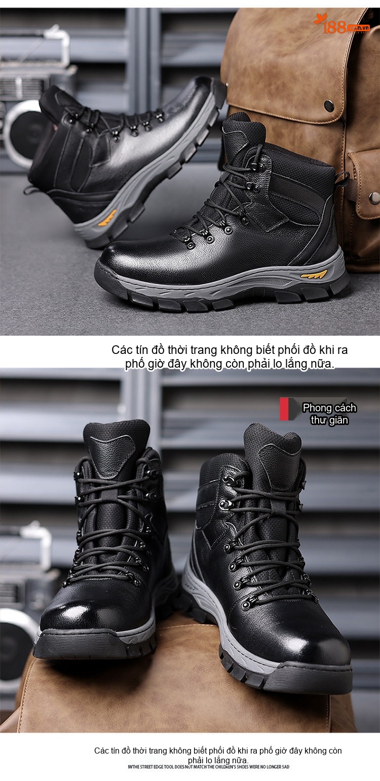 Giày Boot Nam Cao Cổ Da Thật Lót Lông Giữ Ấm Chiều Cao Đế Khoảng 4cm Màu Đen chi tiết 16