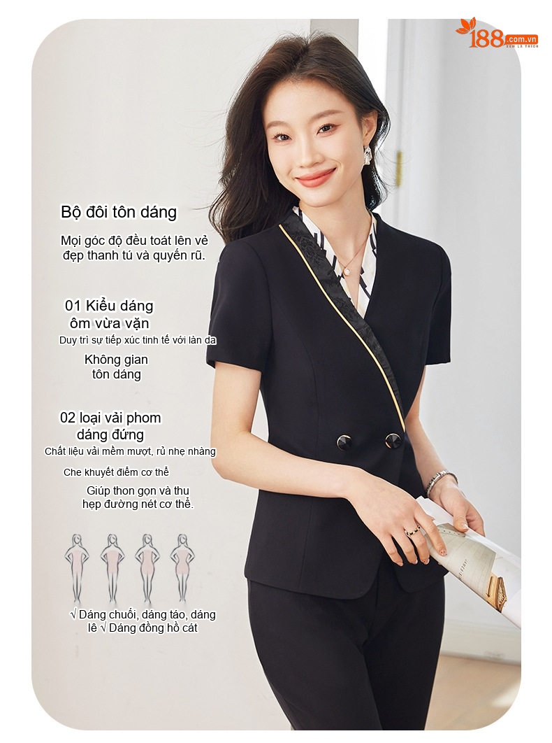 Bộ Vest Nữ Tay Ngắn Mỏng Mùa Hè Phong Cách Công Sở Thanh Lịch Màu Đen, Xanh Than chi tiết 6