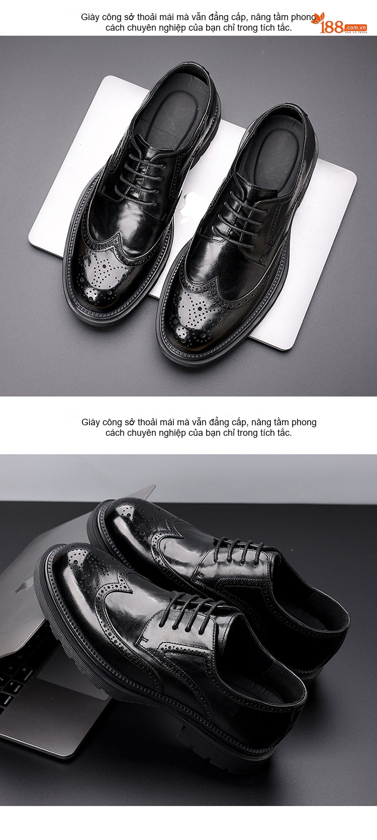 Giày Tây Buộc Dây Nam Da Bò Brogue Chiều Cao Đế Khoảng 4cm Màu Đen, Nâu chi tiết 10