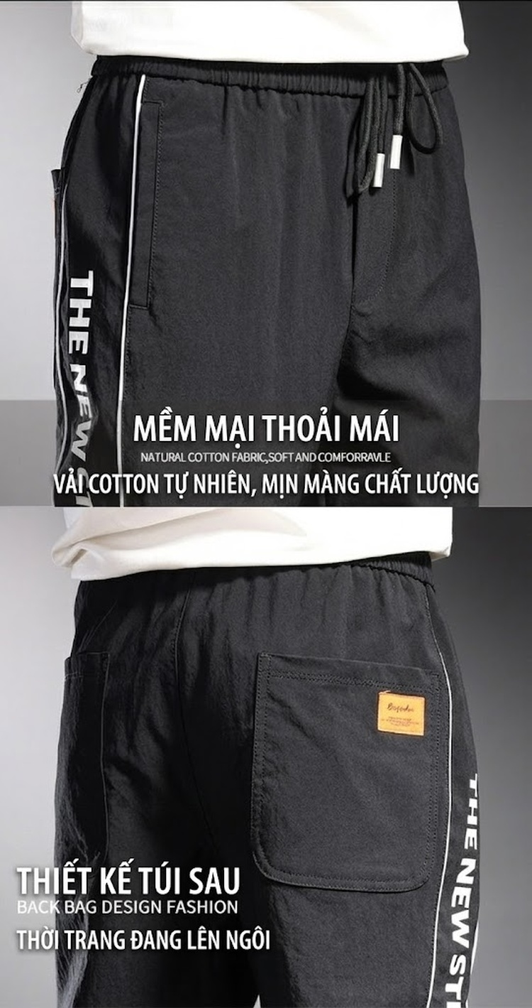 Quần dài nam Tencel ống rộng bo gấu thể thao in chữ chi tiết 2