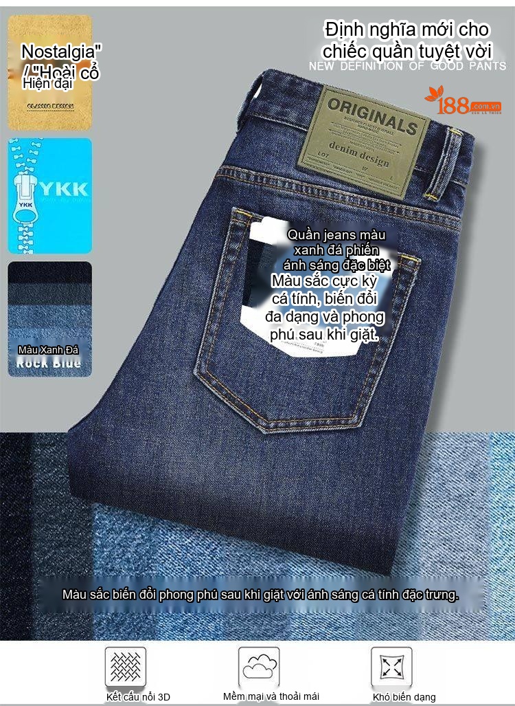 Quần Jean Nam Ống Đứng Co Giãn Vừa Vặn Phong Cách Retro Màu Xanh Denim chi tiết 21
