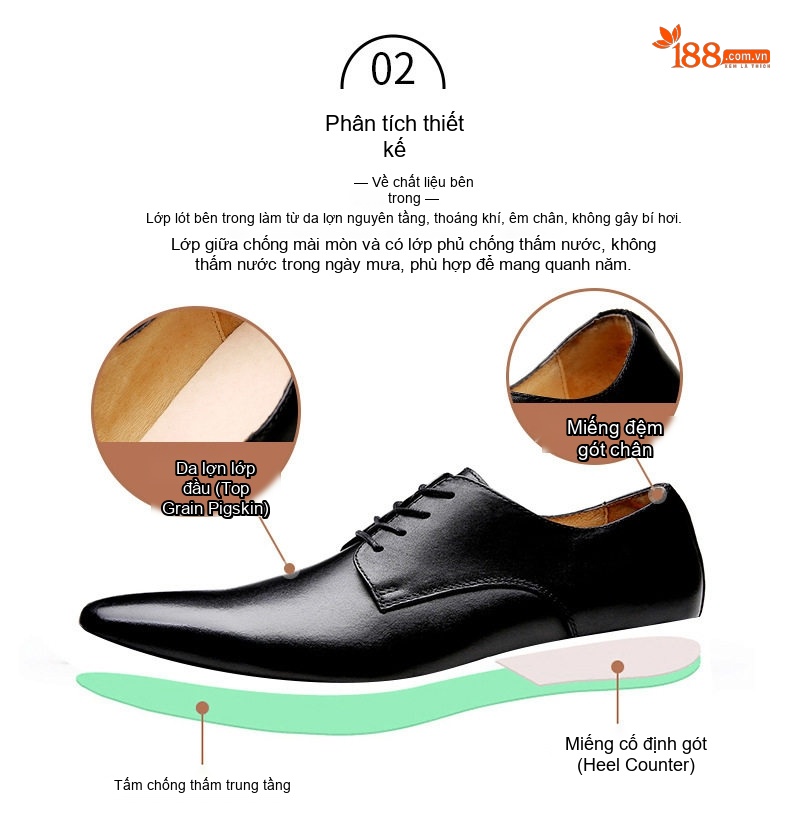 Giày Tây Buộc Dây Nam Da Bò Mũi Nhọn Chiều Cao Đế Khoảng 3cm Màu Đen, Nâu chi tiết 2
