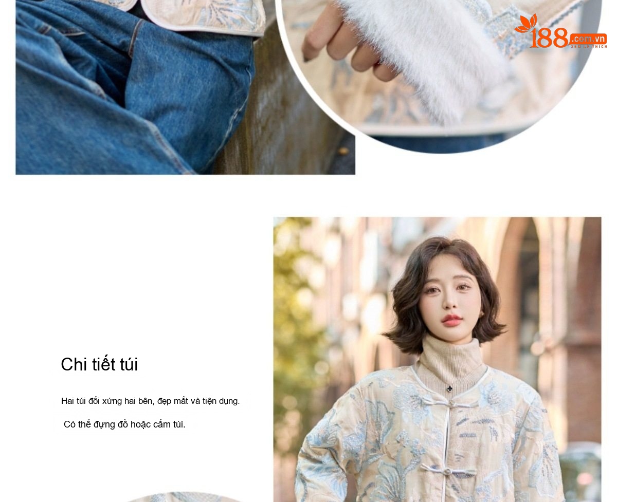 Áo Khoác Phao Nữ Ngắn Tay Bồng Phong Cách Cổ Điển Nhẹ Nhàng Màu Kem, Xanh chi tiết 11