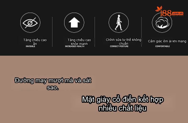 Giày Tây Buộc Dây Nam Da Thật Tăng Chiều Cao 5.3cm Màu Đen chi tiết 2