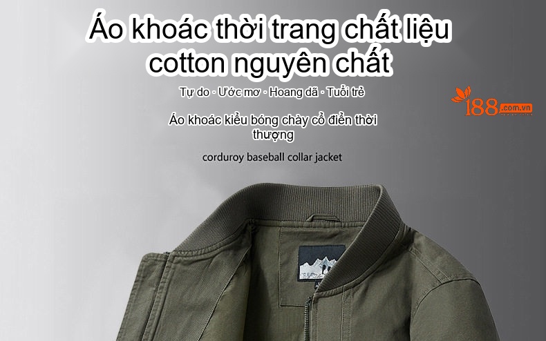 Áo Khoác Bomber Nam Cotton Dáng Rộng Phong Cách Bụi Bặm Màu Be, Xanh Navy, Nâu, Xanh Rêu... chi tiết 1