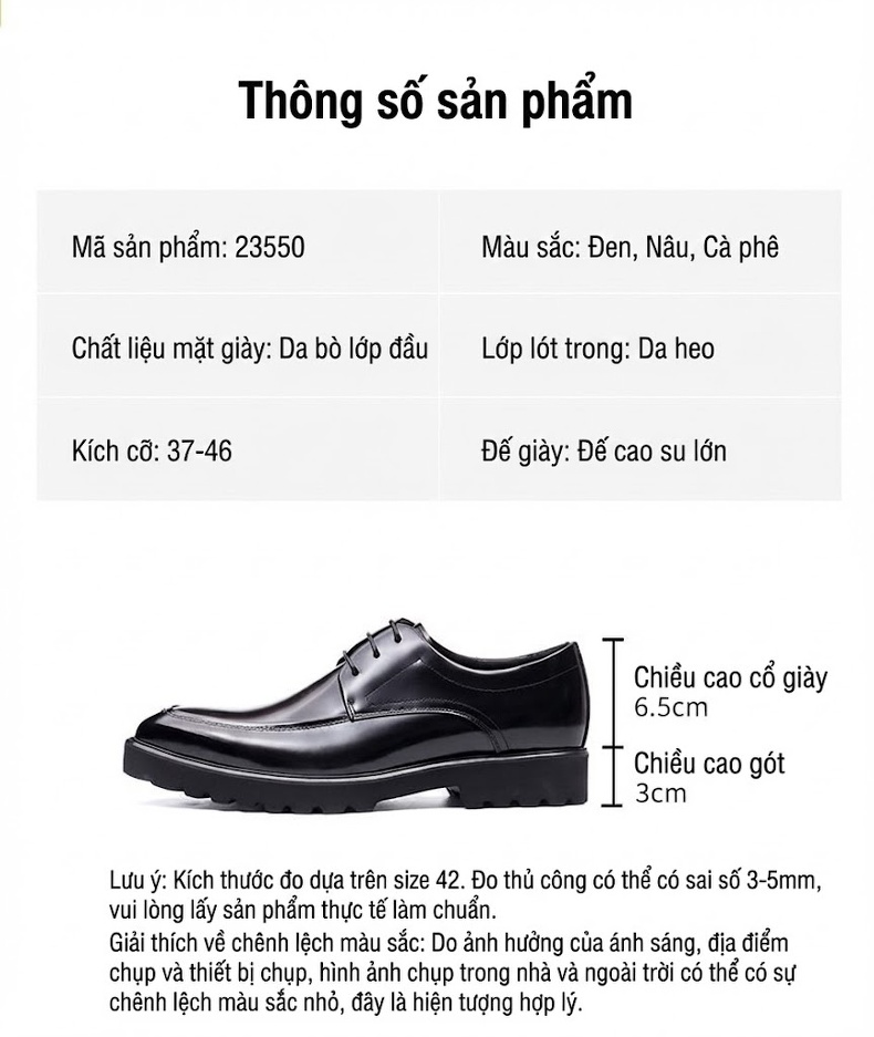 Giày Tây Buộc Dây Nam Da Bóng Chiều Cao Đế Khoảng 4cm Màu Đen, Nâu chi tiết 20