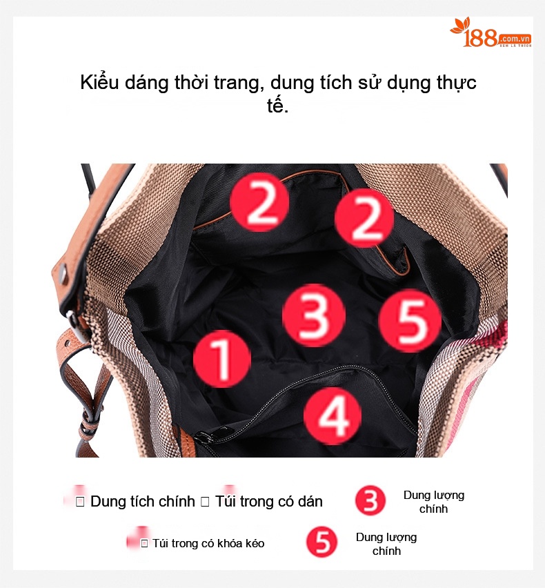 Túi Đeo Vai Nữ Vải Canvas Kẻ Ô phối Da Bò Nguyên Lớp Dáng Trống Sức Chứa Lớn Màu Nâu chi tiết 9