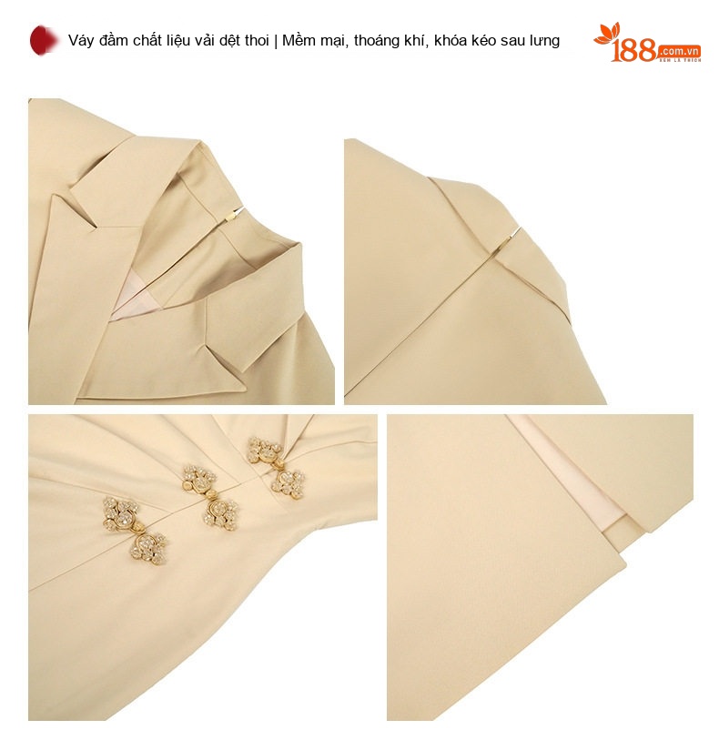 Váy Ôm Body Nữ Thiết Kế Cổ chữ Vest Tay Ngắn Chiết Ly Màu Be chi tiết 4