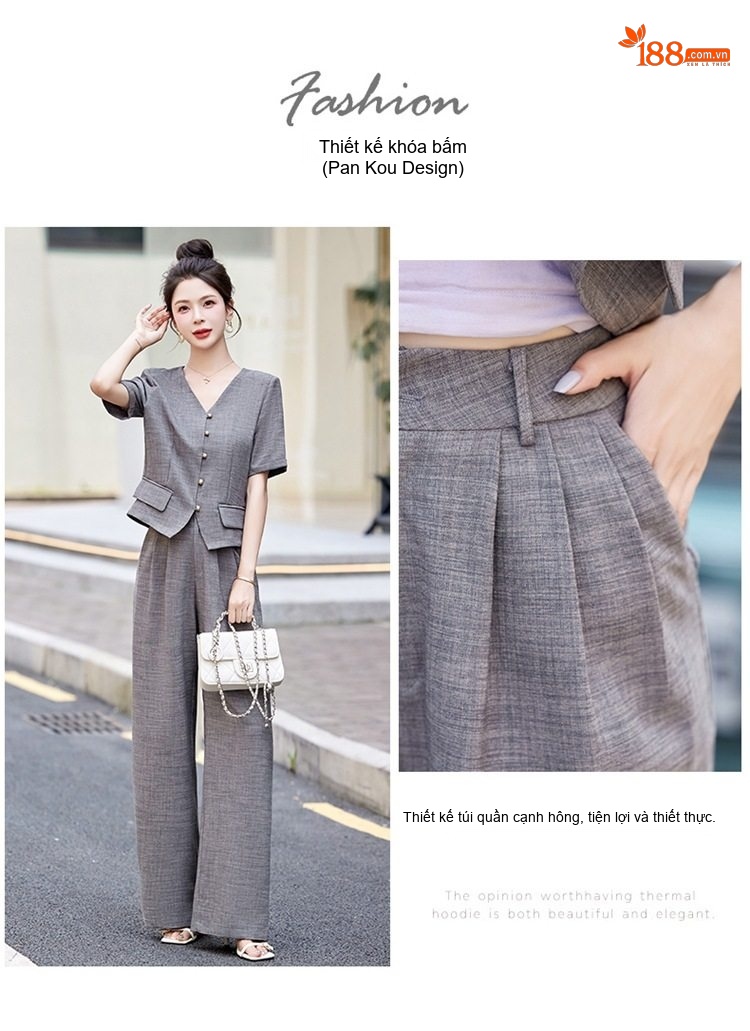 Bộ Quần Áo Nữ Cotton Linen Thiết Kế Áo Vest Tay Ngắn Quần Ống Rộng Phong Cách Thanh Lịch Màu Be, Xám chi tiết 8