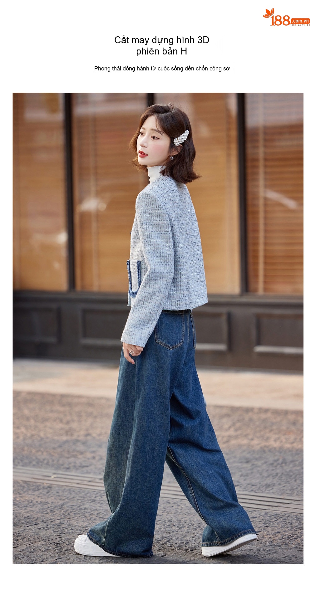 Áo Khoác Nữ Tweed Xanh Lam Cổ Tròn Đính Nút Hoa Phong Cách Tiểu Thư chi tiết 14