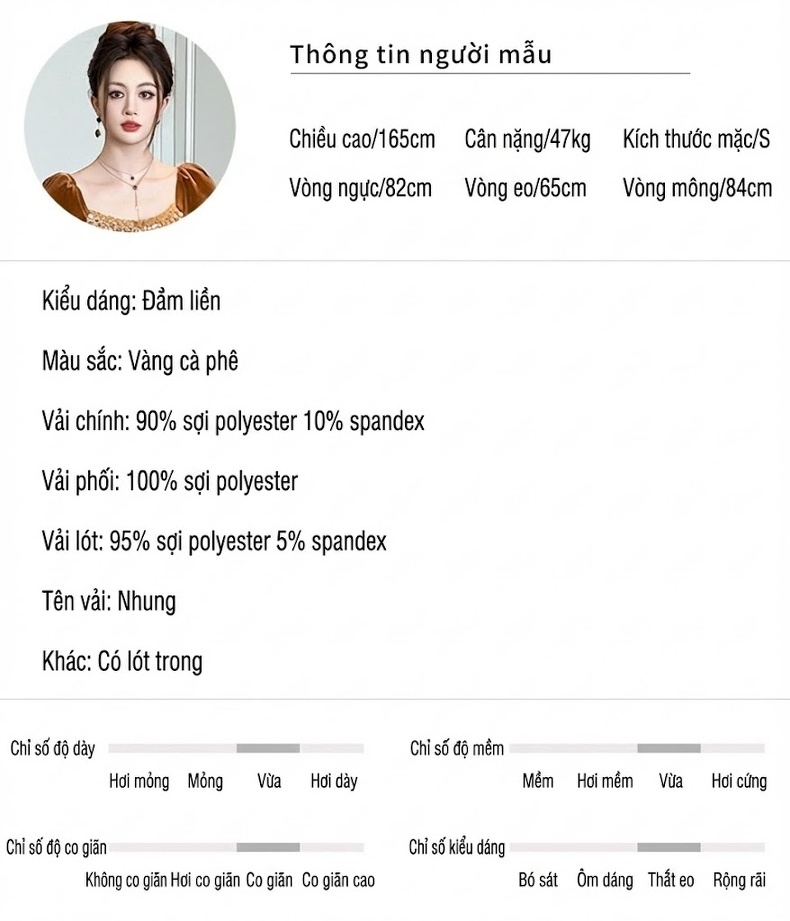 Váy Dạ Hội Nữ Tay Dài Cổ chữ Vuông Đính Kim Sa Eo Ôm Xẻ Tà Chất Liệu Nhung Màu Nâu chi tiết 2