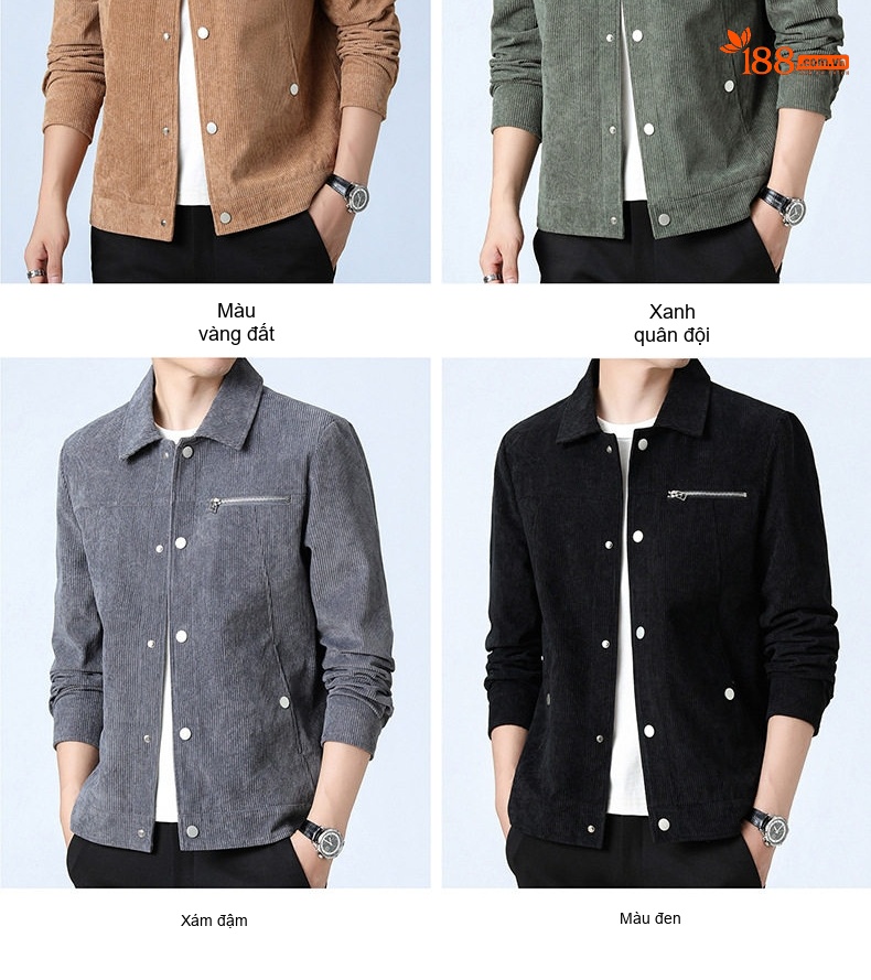 Áo Khoác Nhung Tăm Nam Cổ Bẻ Dáng Bomber Lót Lông Màu Đen, Xanh Rêu, Xám, Nâu chi tiết 8