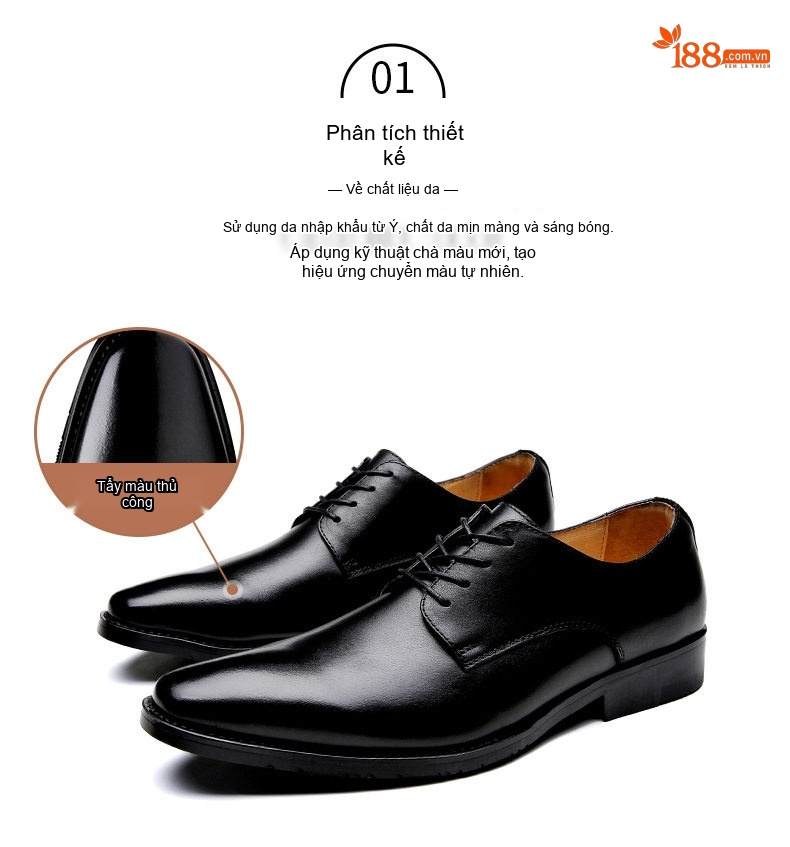 Giày Tây Buộc Dây Nam Da Bò Mũi Nhọn Chiều Cao Đế Khoảng 3cm Màu Đen, Nâu chi tiết 1