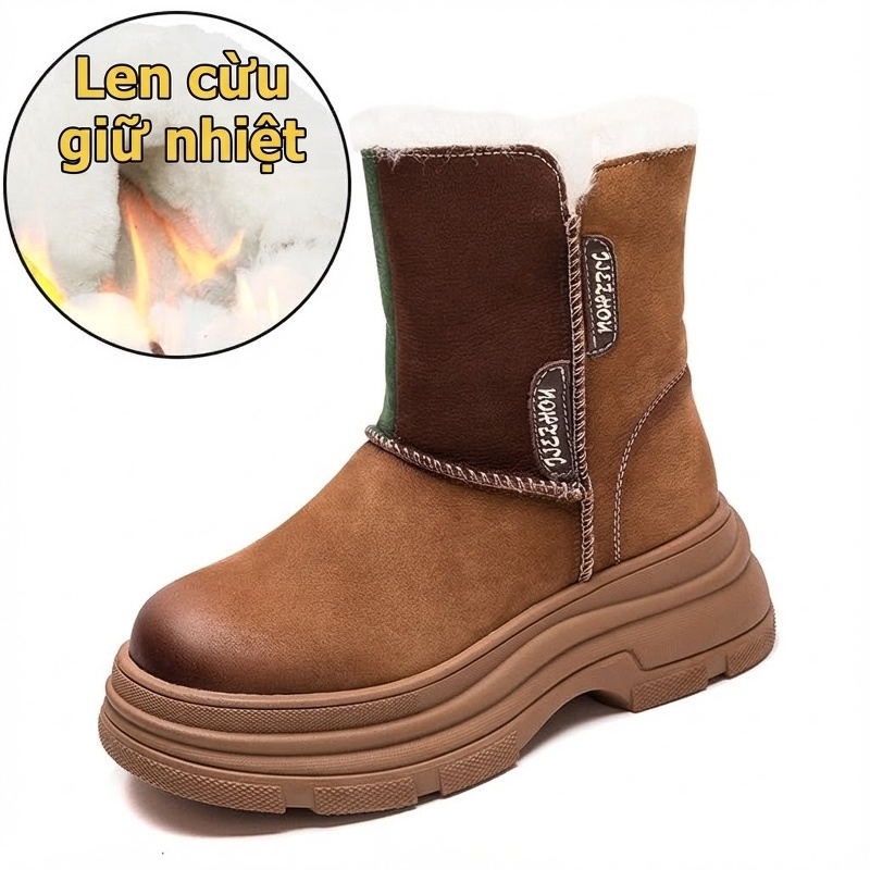 Boot Nữ Cổ Lửng Lót Lông Cừu Đế Dày Phong Cách Retro Chiều Cao Đế Khoảng 5cm Màu Nâu, Xanh Lá