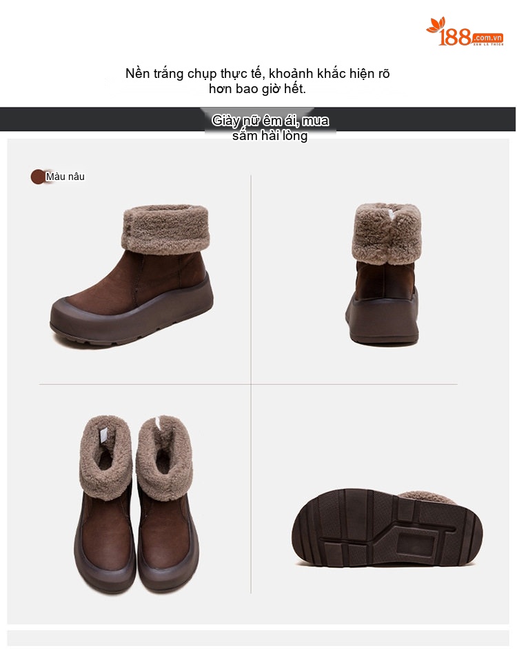 Boot Nữ Cổ Lông Giữ Ấm Lót Lông Chiều Cao Đế Khoảng 5cm Màu Nâu chi tiết 16
