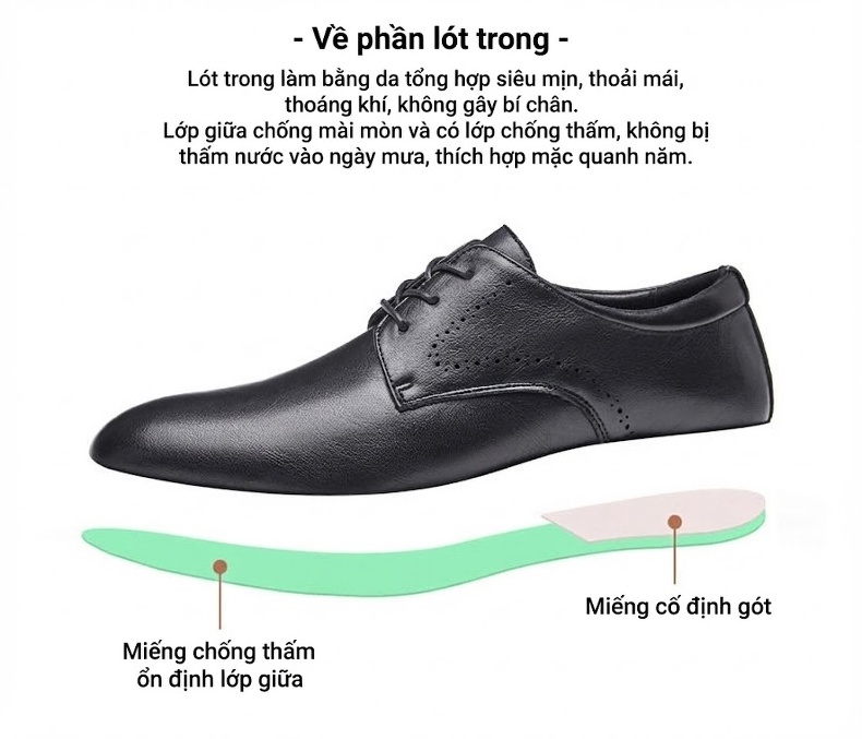 Giày Tây Buộc Dây Nam Da Thật Mũi Nhọn Chiều Cao Đế Khoảng 3cm Màu Đen, Nâu chi tiết 4
