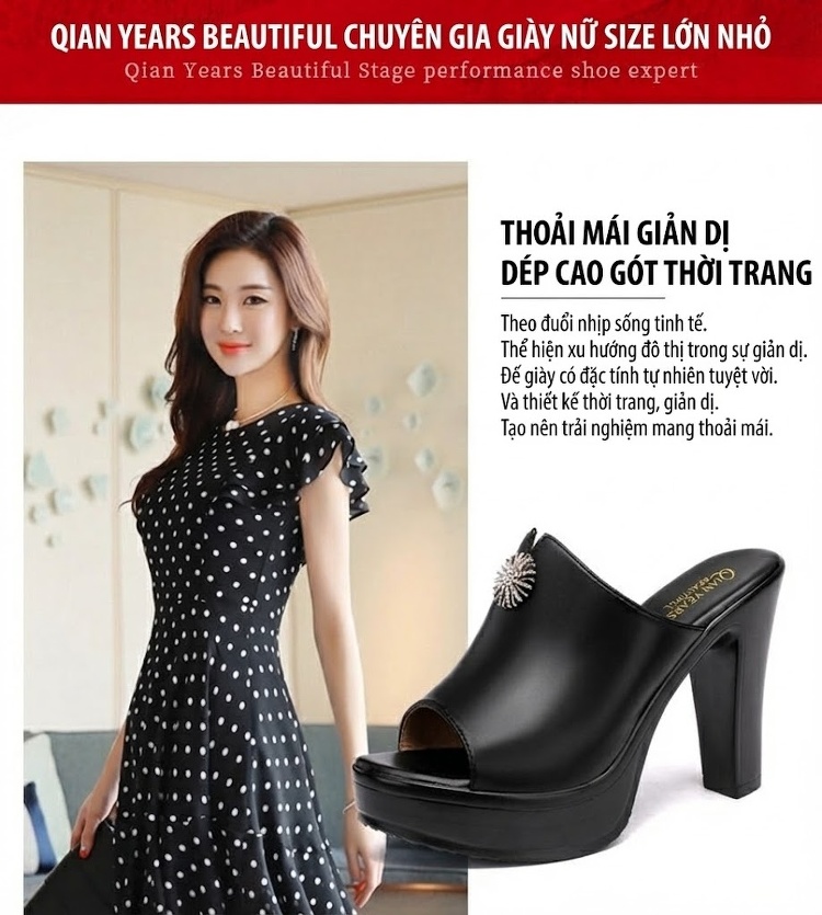 Dép Sục Nữ Hở Mũi Da Bò Đế Xuồng Quai Ngang Chiều Cao Đế 10cm Màu Đen, Trắng, Đỏ chi tiết 1