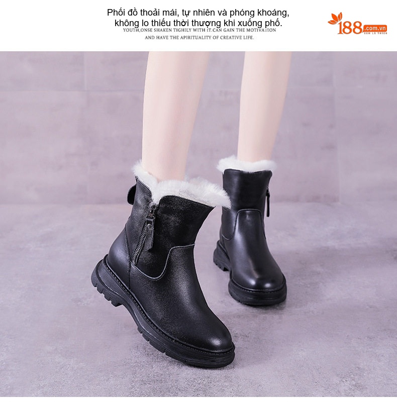 Boot Nữ Da Bóng Lót Lông Cừu Giữ Ấm Mùa Đông Chiều Cao Đế Khoảng 4cm Màu Đen chi tiết 12