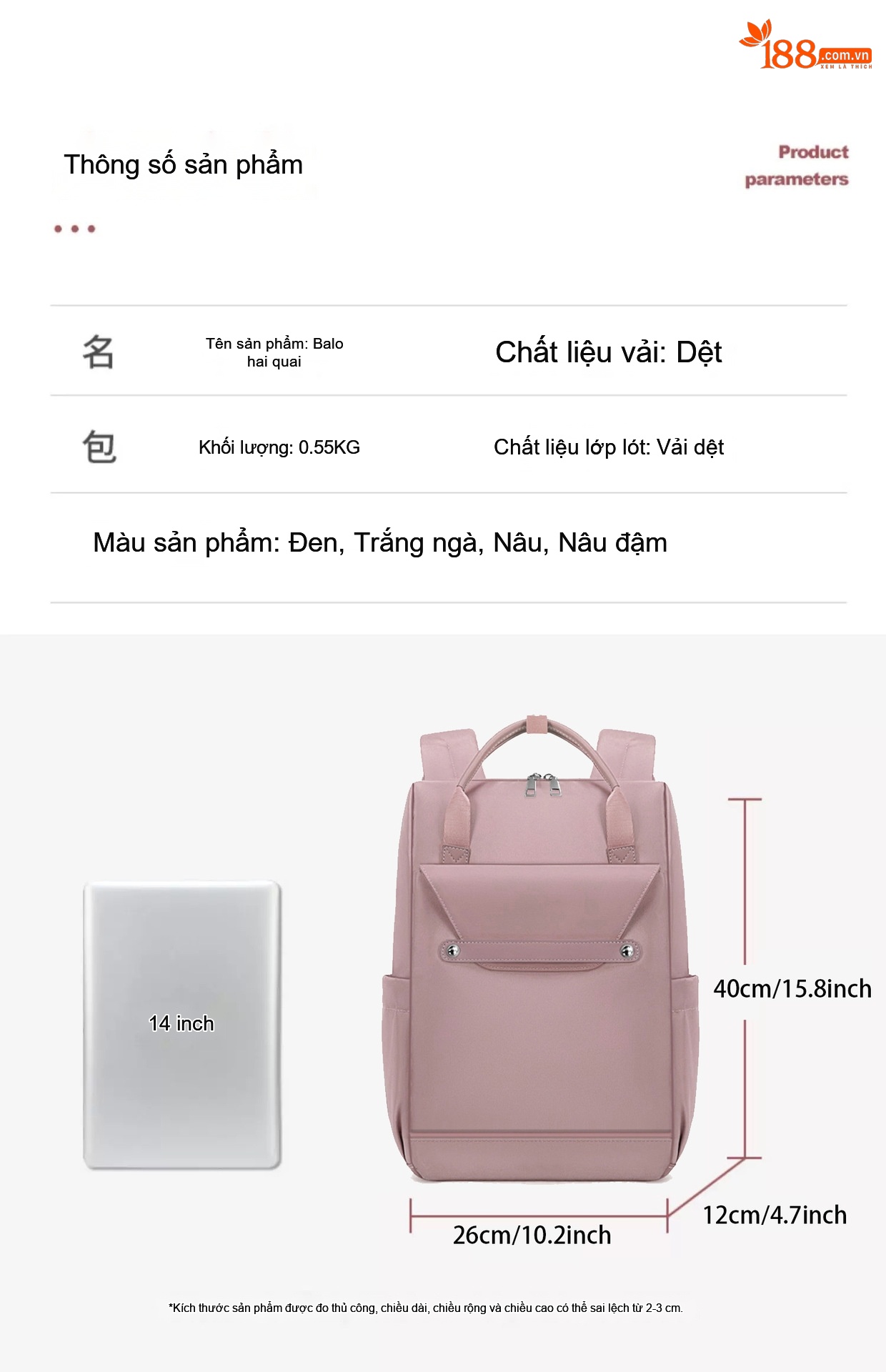 Balo Nữ Đa Năng Chống Nước Sức Chứa Lớn Đi Làm Du Lịch Màu Đen, Kem, Hồng, Nâu... chi tiết 11