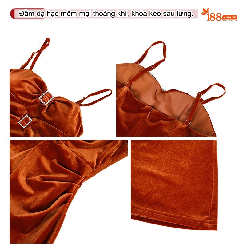 Váy Đầm Dự Tiệc Nữ Dây Rút Chất Nhung Sang Trọng Màu Cam Đất chi tiết 4