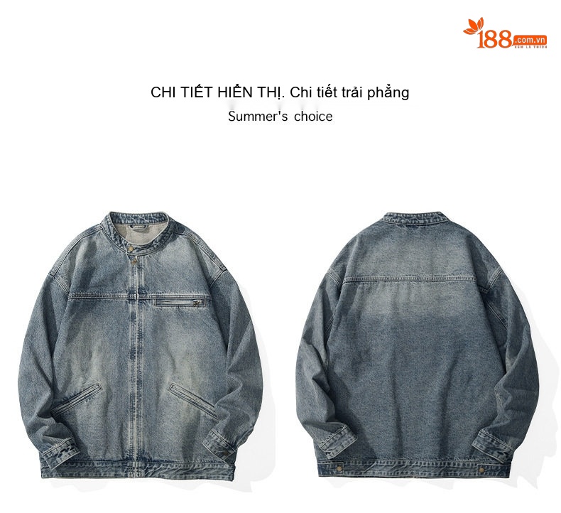 Áo Khoác Jean Nam Cổ Trụ Dáng Suông Rộng Phong Cách Mỹ Retro Màu Xanh Denim chi tiết 14