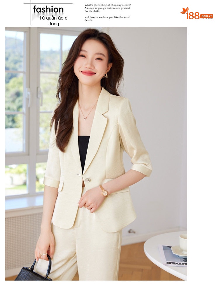 Bộ Vest Nữ Áo Blazer Tay Lỡ Quần Ống Rộng Chất Acetate Satin Phong Cách Công Sở Màu Đen, Trắng Kem, Xanh... chi tiết 18