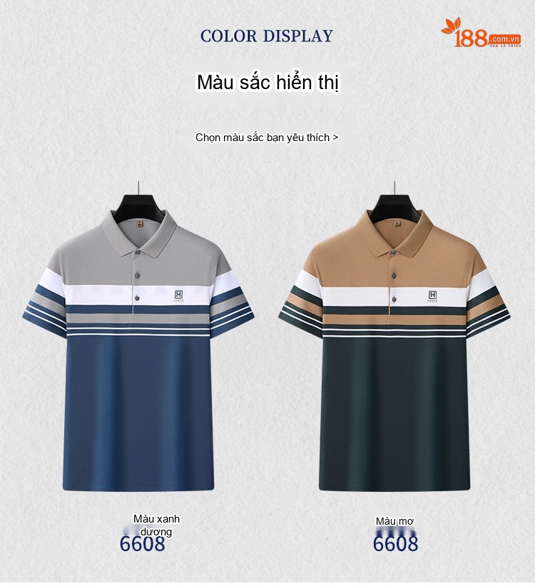 Áo Polo Nam Cotton Họa Tiết Sọc Ngang Tay Ngắn Không Nhăn Màu Xám, Xanh, Nâu, Trắng... chi tiết 16