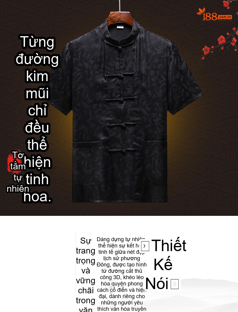Áo Sơ Mi Tay Ngắn Nam Lụa Tơ Tằm Vân Sa Cổ Điển Khuy Nút Thắt Phong Cách Trung Hoa Màu Đen chi tiết 1