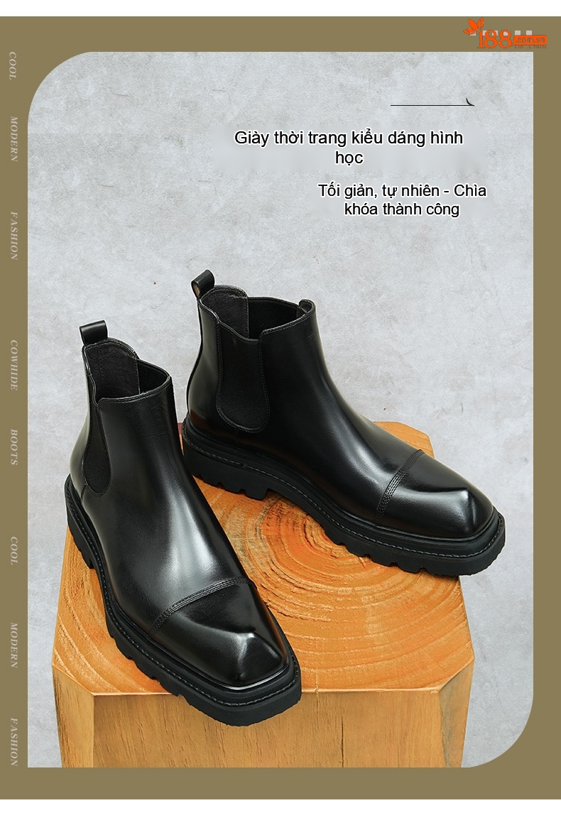 Giày Chelsea Boot Nam Da Bóng Cao Cổ Chiều Cao Đế Khoảng 4cm Màu Đen, Nâu Đỏ chi tiết 1
