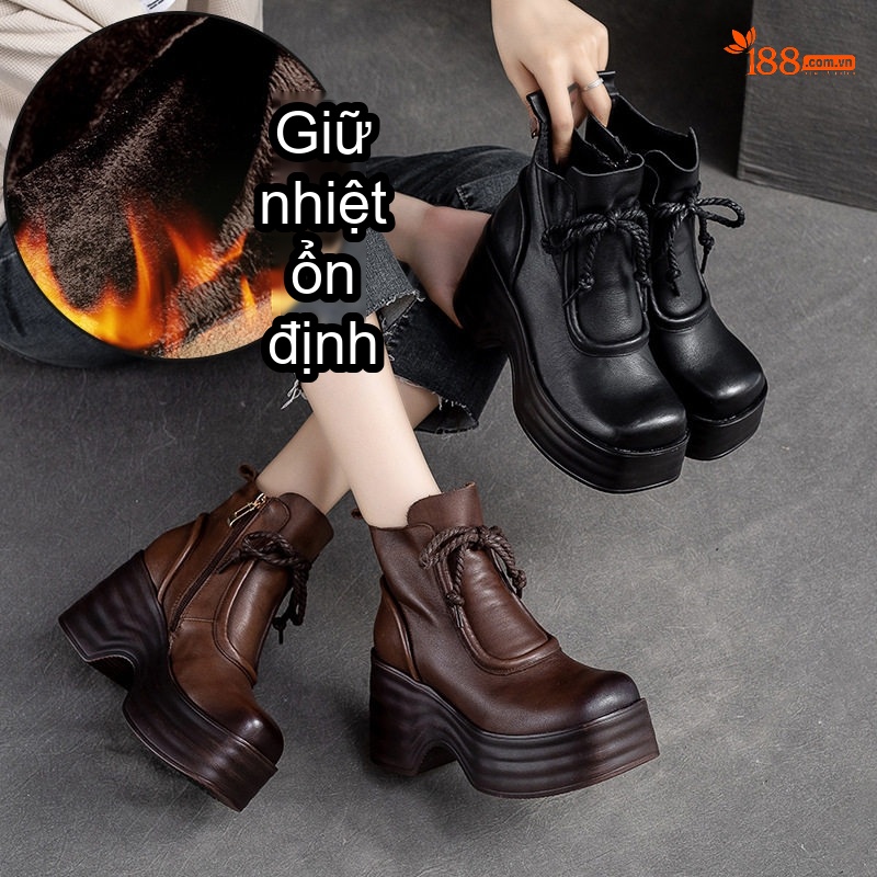 Boot Nữ Cổ Ngắn Da Bóng Lót Lông Chiều Cao Đế Khoảng 6cm Màu Đen, Nâu