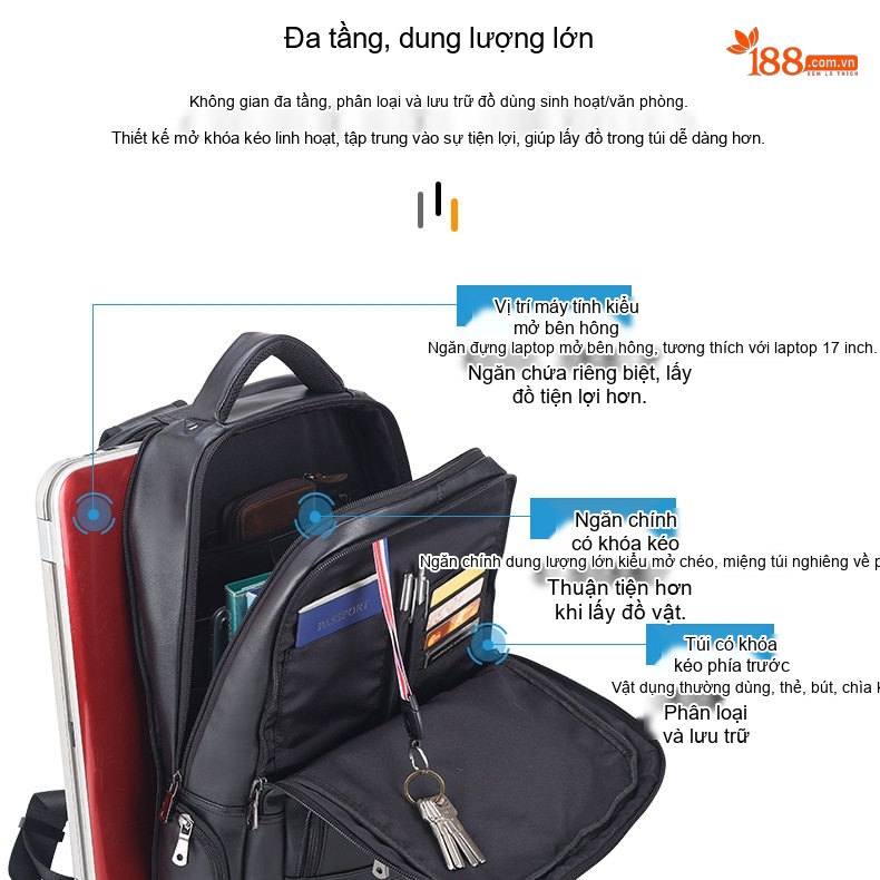 Balo Da Bò Đa Năng Du Lịch Ngoài Trời Đựng Laptop 17 Inch Màu Đen, Nâu chi tiết 8