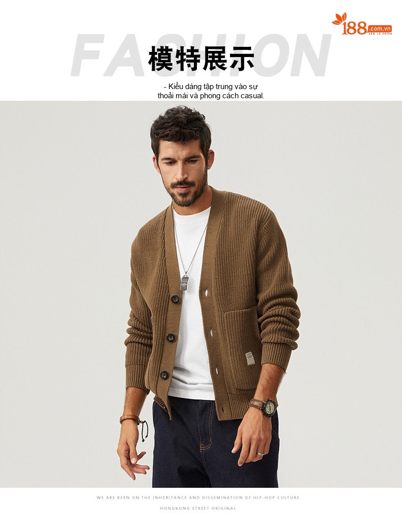 Áo Khoác Cardigan Nam Dệt Kim Cổ Chữ V Dáng Rộng Màu Xanh Navy, Nâu chi tiết 6