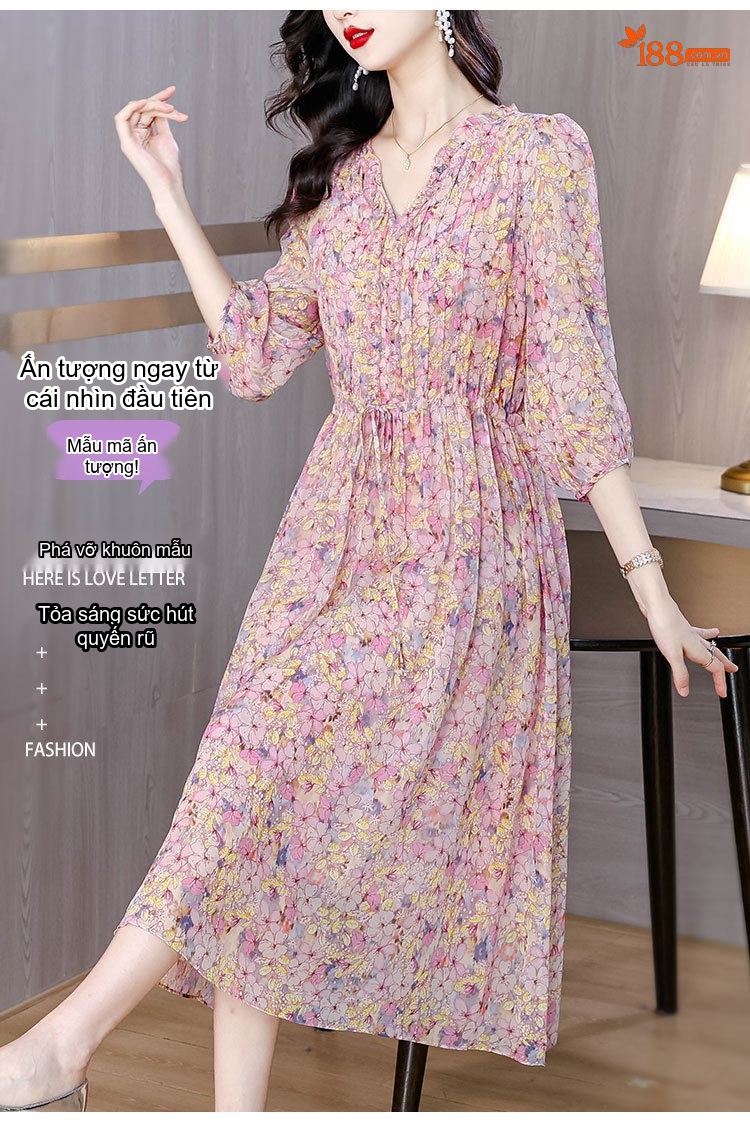 Váy liền thân Nữ Lụa Tằm Tơ Họa Tiết Hoa Nhỏ dáng chữ A Chiết Ly Eo Thon chi tiết 3