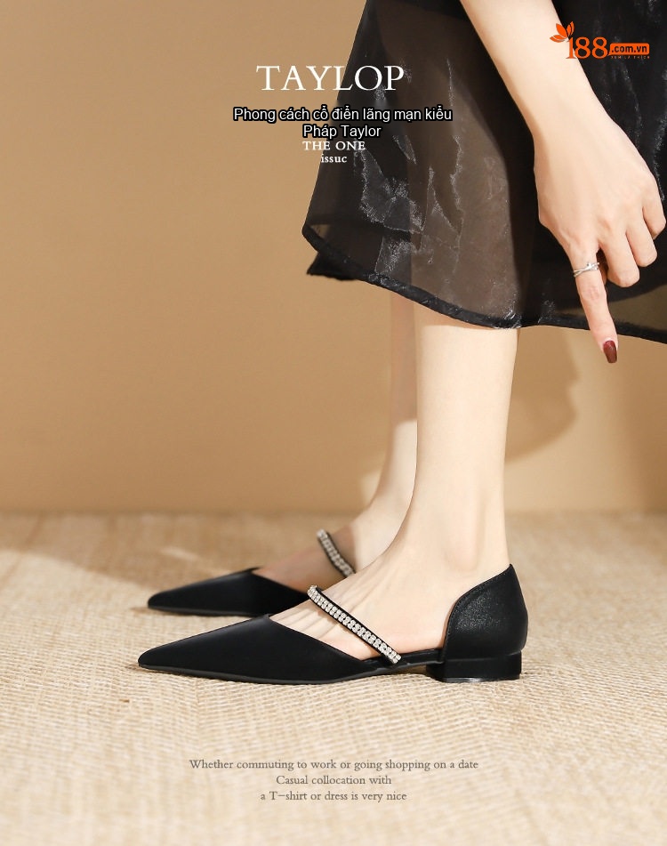 Giày Búp Bê Nữ Mũi Nhọn Hở Bên Chiều Cao Đế Khoảng 2cm Quai Ngang Đính Đá Phong Cách Tiểu Thư Màu Đen, Trắng chi tiết 3