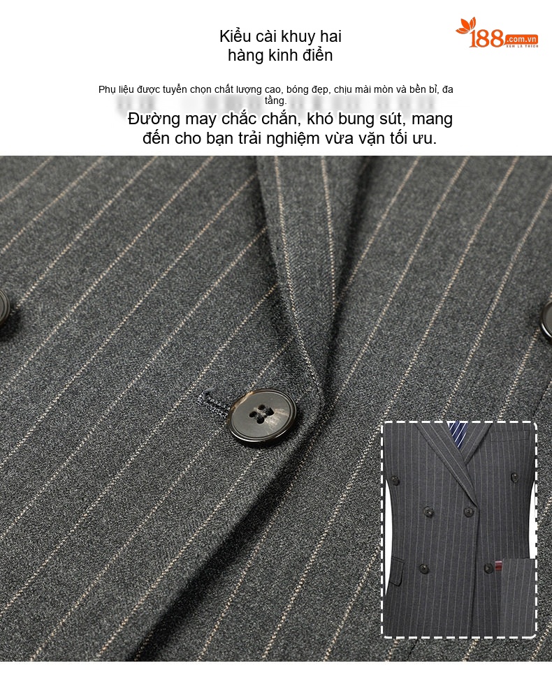 Bộ Vest Nam Kẻ Sọc Dáng Ôm Chống Nhăn Cúc Đôi Màu Xám chi tiết 6