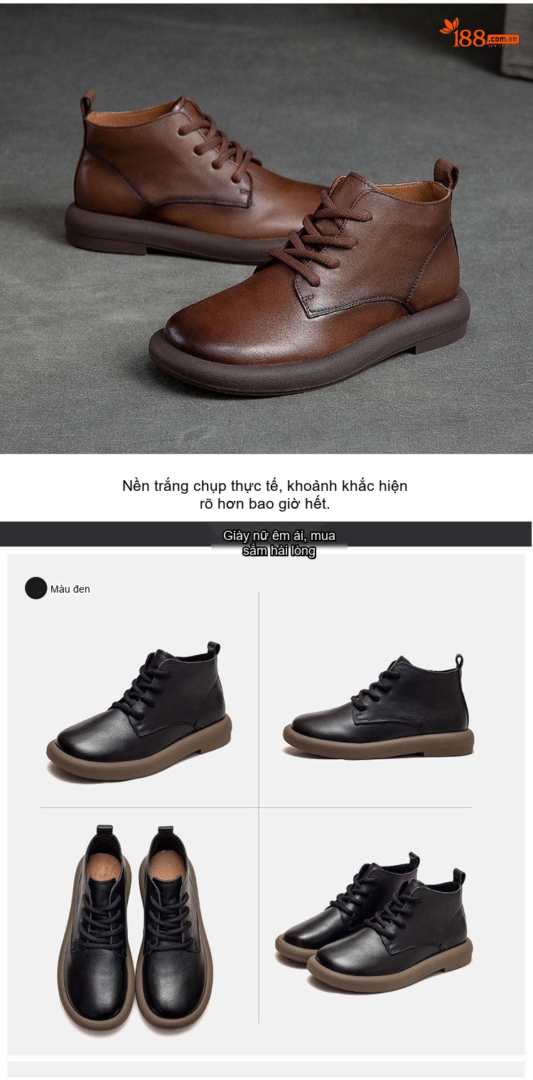 Giày Boot Nữ Cổ Ngắn Da Bò Mũi Tròn Buộc Dây Chiều Cao Đế Khoảng 3cm Màu Nâu, Đen chi tiết 15