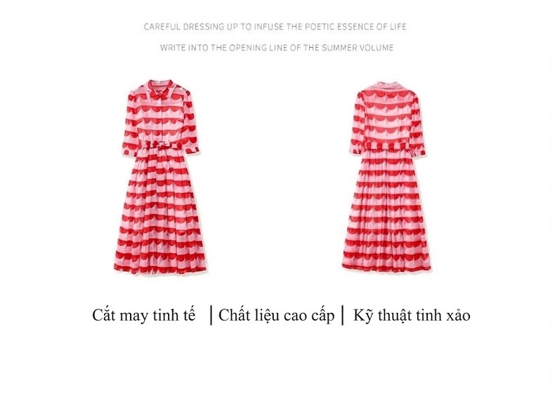 Váy liền thân Nữ Pháp Cổ Điển Thắt Eo Hoạ Tiết Kính Lưu Ly Chất Vải Voan Màu Đỏ, Hồng chi tiết 3