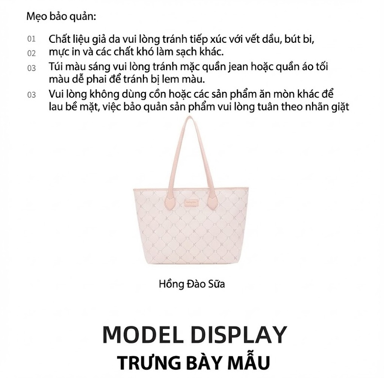 Túi Tote Nữ Vải In Họa Tiết Chữ K, Túi Đeo Vai Công Sở, Túi Xách Tay Lớn Đựng Laptop Màu Kem, Hồng chi tiết 4