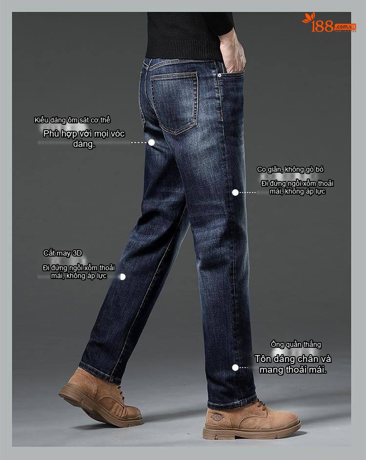 Quần Jean Nam Ống Đứng Co Giãn Vừa Vặn Phong Cách Retro Màu Xanh Denim chi tiết 30